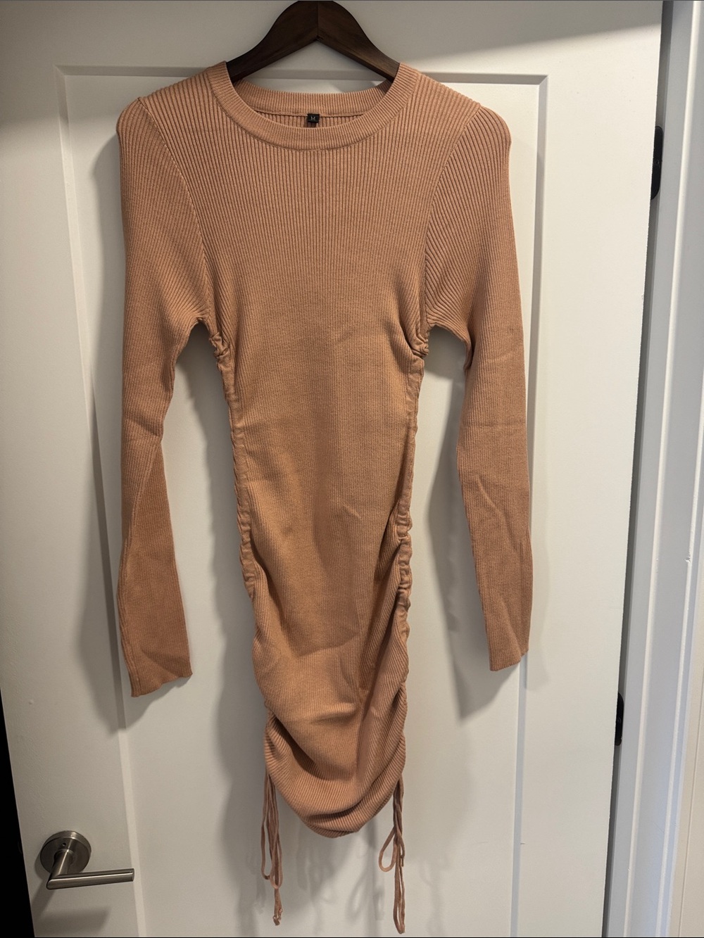 Long Sleeve Ruched Knit Dress in Beige - NEVER WORN